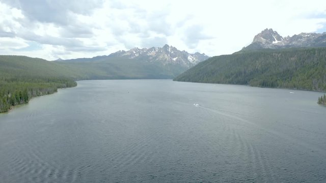 Aerial drone shot of Sawtooth Mountain at Redfish Lake in Stanley Idaho.
