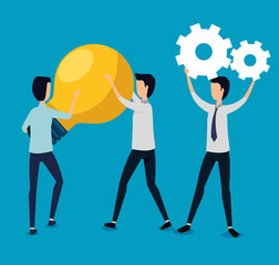 businessmen teamwork with gears and bulb idea