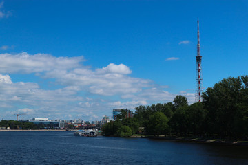 View to Saint Petersburg tv tower with antennas and Neva river in the foreground