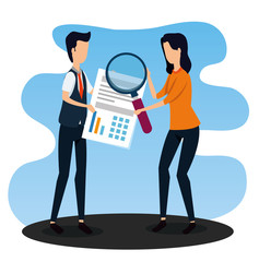 businessman and businesswoman with document and magnifying glass