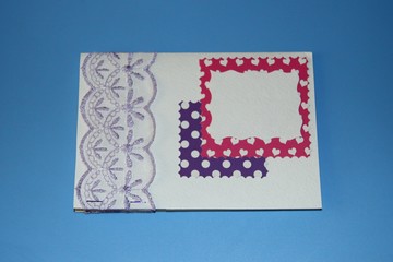 Valentines day applique greetings card white paper, lace braid and polka dot paper purple, green, pink