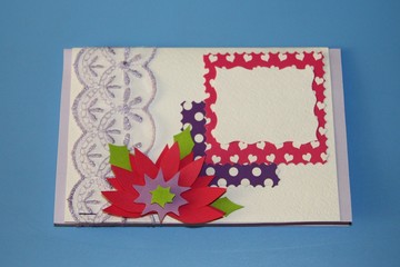 Valentines day applique greetings card white paper with red flowers, openwork lace and polka dot paper purple, green, pink