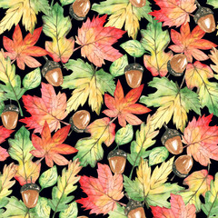 Watercolor seamless pattern autumn floral forest. Hand draw leaves and acorn design elements on color dark background.