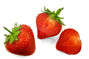 Strawberries close up. White background. Juicy fresh red berry. Chilled fruit from the fridge.