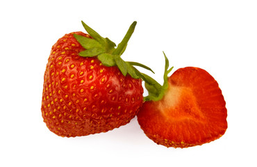 Half of strawberry. Isolated white background. Juicy fresh red berry cut in half. Chilled fruit from the fridge.