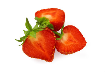 Half of strawberry. Isolated white background. Juicy fresh red berry cut in half. Chilled fruit from the fridge.