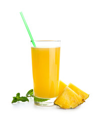 Glass of tasty pineapple juice on white background