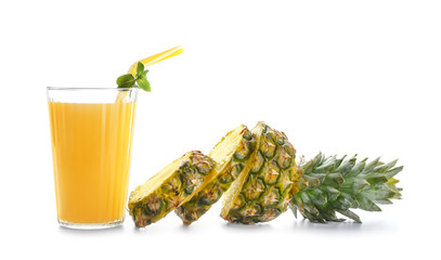 Glass of tasty pineapple juice on white background