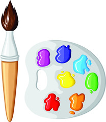 Vector illustrations of cartoon paintbrush and palette of paints seven colors of rainbow