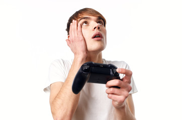 man with joystick playing video game