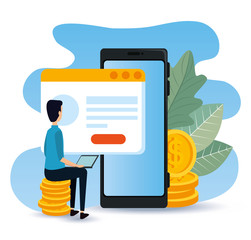 businessman with website document and smartphone with coins