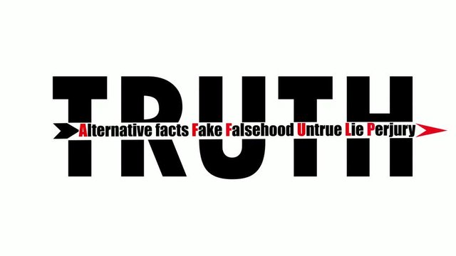 Truth destroyed, Concept animation an arrow of Alternative facts, Fake, Falsehood, untrue, lie and perjury shattering Truth text on white background