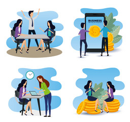 set of businesswomen and businessmen teamwork data information