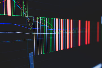 Fototapeta premium Stock market trading graph and candlestick chart on screen for businese financial investment concept. Economy trends background. Abstract finance and invest background.