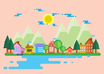 Town and village with blue sky illustration in flat.Modern building and sky with Clouds on Circle background.Home,Mountain,tree, Photo city and Vector illustration concept idea.