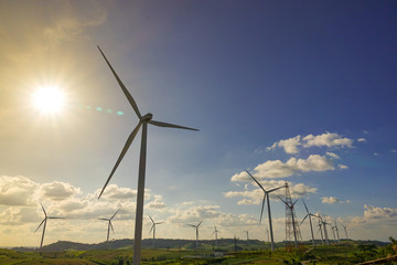 Wind turbine farm from clean energy. Wind power for electricity.