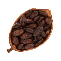 half of dried cacao pod with cacao beans isolated on white background. top view
