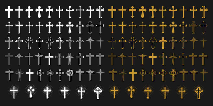 Cross icons set. Decorated crosses signs or symbols. Vector