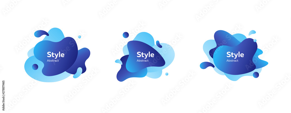 Poster set of blue splashing abstract shapes with place for text. dynamical colored forms. gradient banners