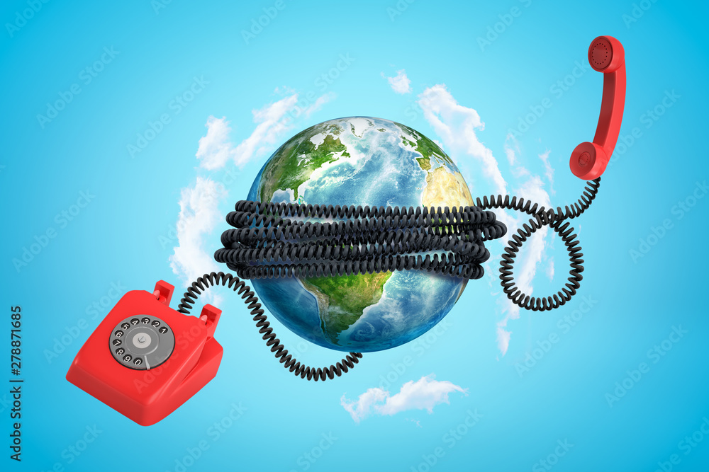 Poster 3d rendering of earth globe covered with red retro relephone cord on blue background