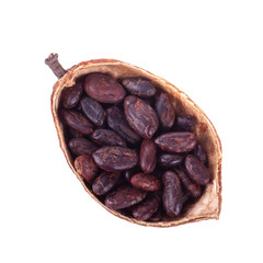 dried cacao pod half  with shelled cacao beans isoalted on white. top view