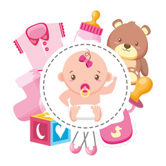 Obraz na płótnie Canvas cute girl in diaper with bear bottle cube bib sock baby shower