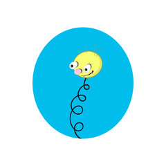 Funny yellow cartoon spring - with head, eyes and mouth on a blue background.