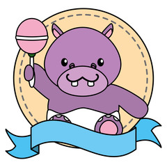 cute little hippo in frame with ribbon