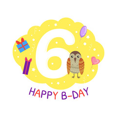 Birthday Anniversary Number and Cute Ethnic Patterned Owl Bird, Card Template for Six Year Old Vector Illustration
