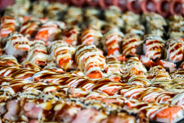 sushi ham and shrimp and seafood and various on street food in pattaya city of thailand