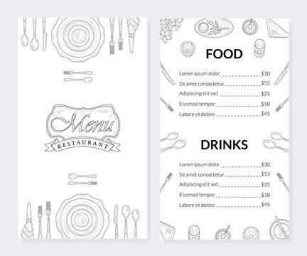 Restaurant Menu Template, Food and Drinks Brochure, Drinks List with Prices Hand Drawn Vector Illustration
