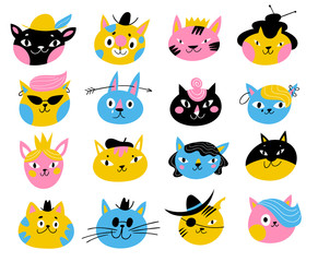 Cute vector characters of cats and kittens in different colors