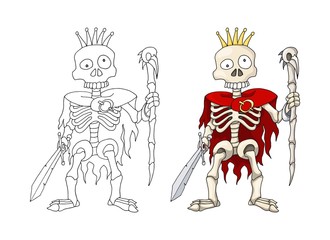 Human Skeleton Warrior Standing with Sword and Scepter, cartoon Character