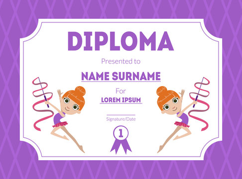 Sports Award Diploma Template, Kids Certificate with Gymnast Girl for Competition or Sports Winner Vector Illustration
