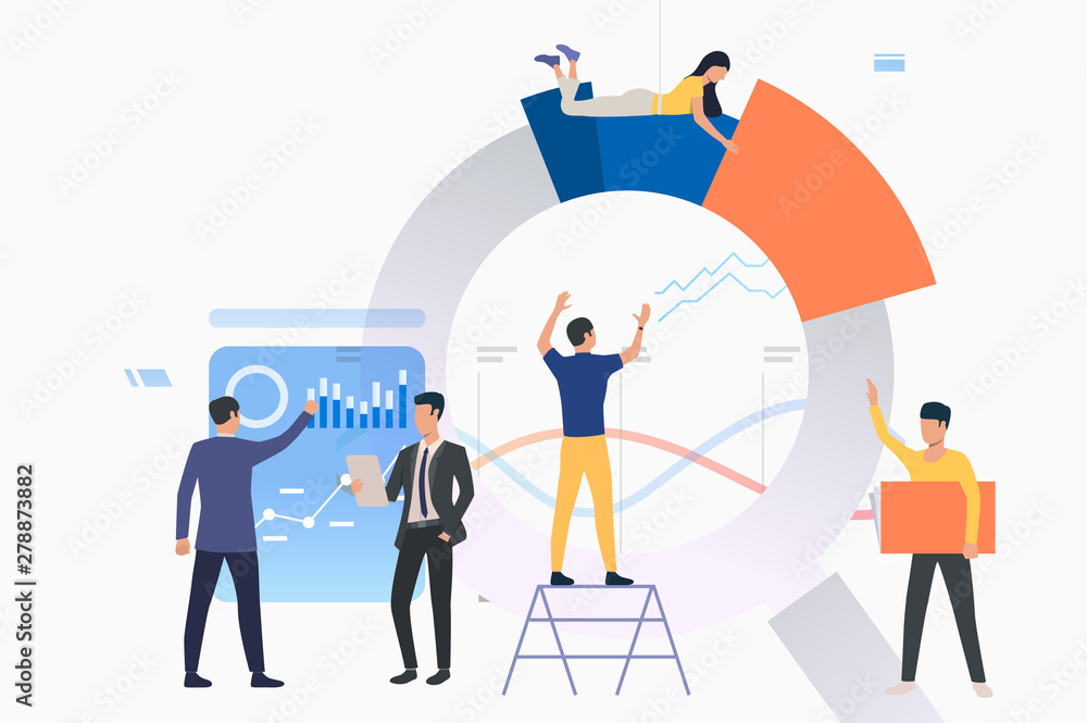 Poster group of analysts working on graphs. building chart, presentation, report. analysis concept. vector 
