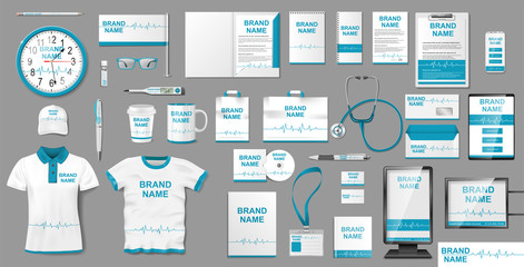 Medical Center or Pharmacy Branding identity design. Pharmacy Stationery mockup template elements, brochure, advertising city lightbox, shirt. Vector illustration