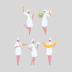 Set of activities woman chef in uniform. Professional restaurant worker. 