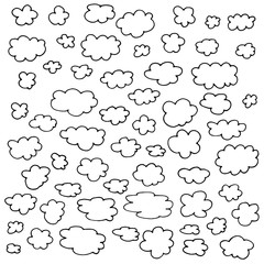 Doodle drawing cloudy sky. Big collection of hand drawn clouds isolated on white background