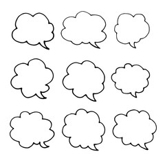 Doodle style thinking clouds set. Hand drawn speech bubbles. Sketch graphic elements. 