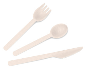 Wooden bamboo fork, spoon and knife, vector illustration. Disposable biodegradable eco cutlery set