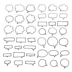 Collection of hand drawn speech bubbles. Sketch graphic elements isolated on white background. Doodle style thinking balloons