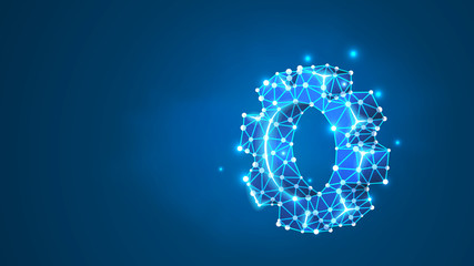 Gear. Industry development, business solution concept. Mechanical technology machine engineering symbol. Abstract, digital, wireframe, low poly mesh, vector blue neon 3d illustration. Line dot