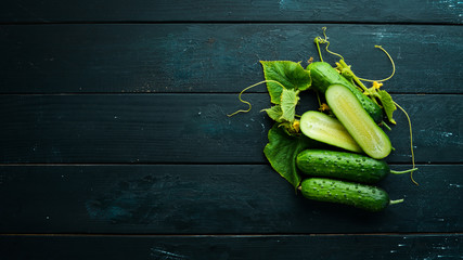 Sliced fresh green cucumbers. On a black background. Top view. Free space for your text.