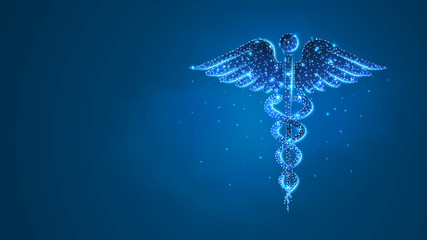 Caduceus health symbol. medical symbol, health care concept. Abstract, digital, wireframe, low poly mesh, Raster blue neon 3d illustration. Triangle line dot