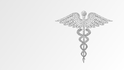 Caduceus health symbol. medical symbol, health care concept. Abstract, digital, wireframe, low poly mesh, Raster white origami 3d illustration. Triangle line dot