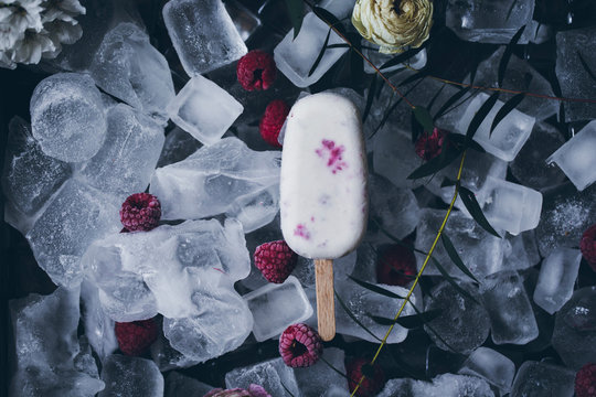 Top view still life of creamy raspberry popsicle placed on top of ice cubes, frozen fruit and flowers background