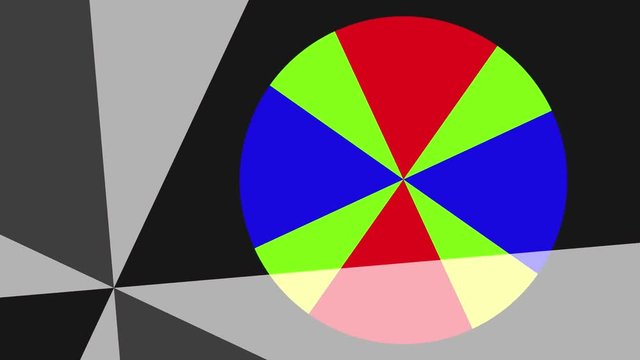 Two 2D circular graphic patterns that rotate in the opposite direction, anchor point moves from center to right side, then rises up, then rotates to the left on the lower side and covers part of the b