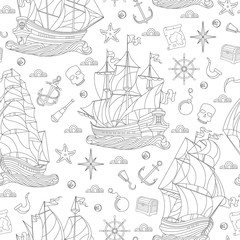 Seamless pattern on the theme of sea travel, sailboats and ship's tackle, dark contour on white background