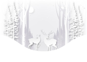 Deer wildlife in forest on winter season landscape and christmas day concept background paper art style.Vector illustration.