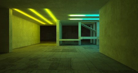 Abstract architectural concrete and white interior of a minimalist house with color gradient neon lighting. 3D illustration and rendering.